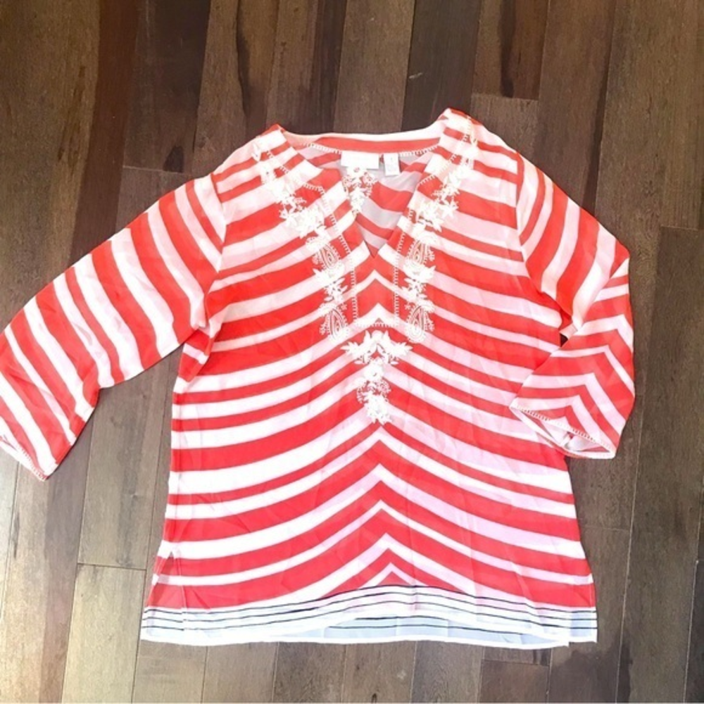 Chicos Flowy 3/4 Sleeve Embroidered Blouse M 1 EUC‎